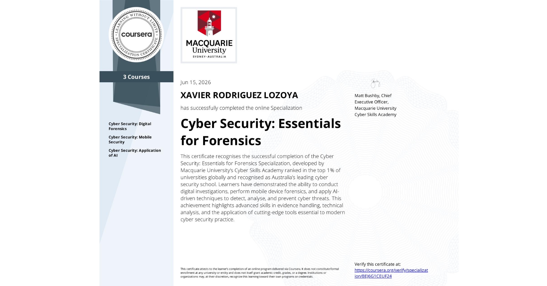 Cyber Security Essentials for Forensics certificate